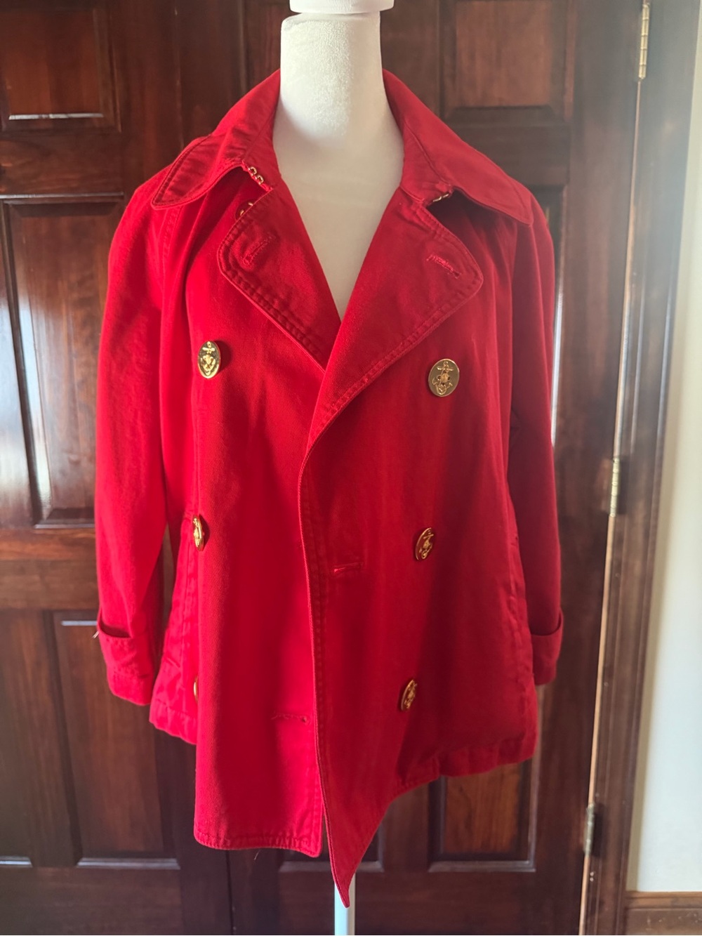 Ralph Lauren Red Double Breasted Cotton Peacoat Jacket Gold Button